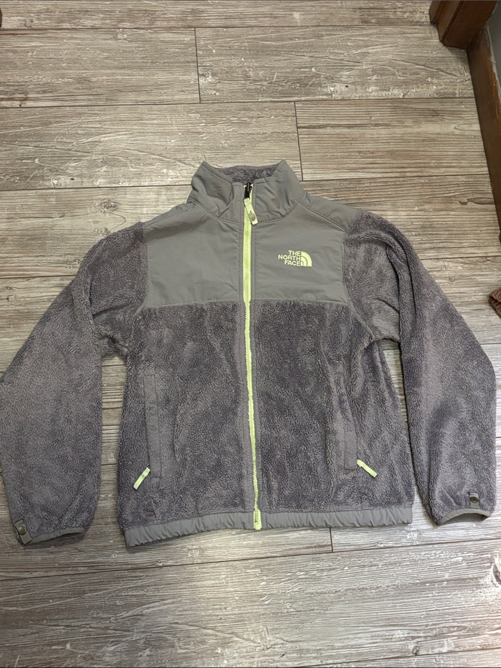The North Face Gray Fleece Jacket with Lime Zipper Girls size medium 10/12